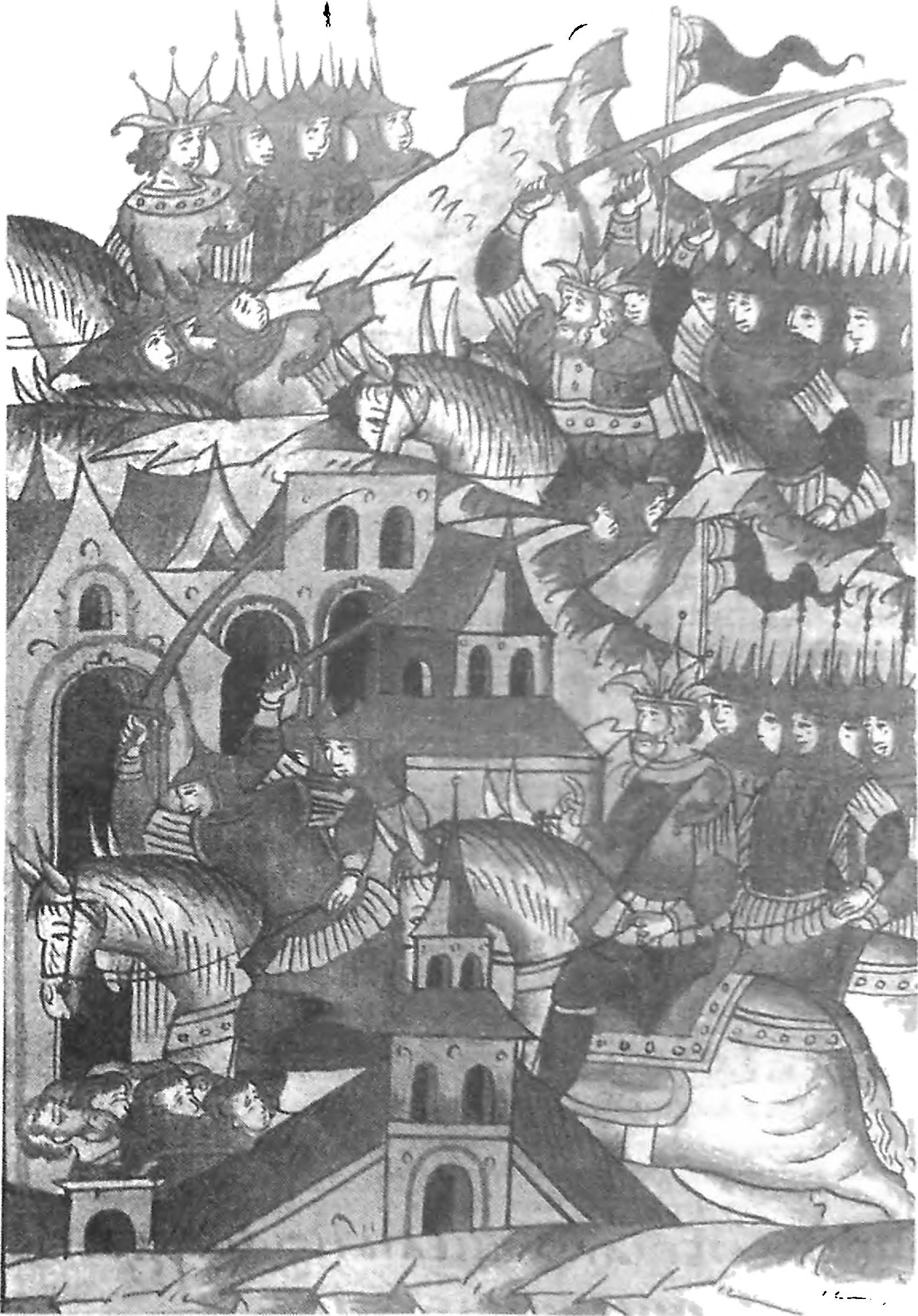 Разгром Большой Орды крымским войском в 1502 г. (РНБ. Миниатюра Лицевого свода XVI в. Шум. том. Л. 623)