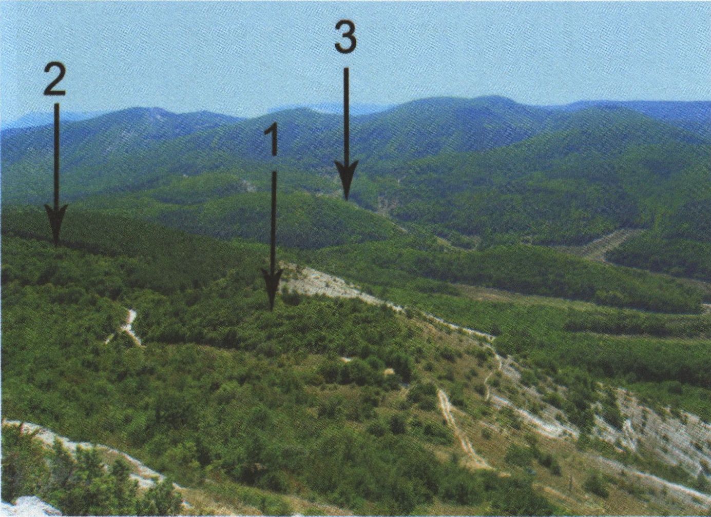 Панорама южных окрестностей Мангупа: 1 — османская осадная позиция; 2 — возвышенность Мезар-Тепе; 3 — место бывшей деревни Адым-Чокрак