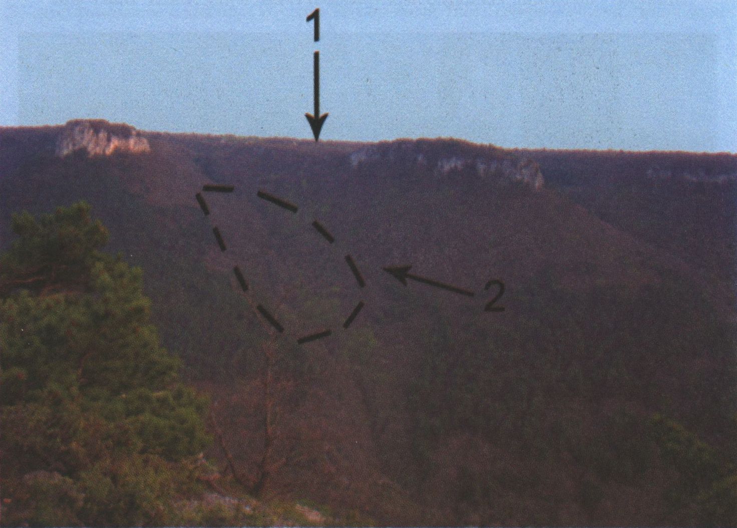 Мангуп. Панорама балки Гамам-Дере: 1 — укрепление A.XIV; 2 — турецкая осадная позиция. Вид с северо-востока, с горы Чердаклы-Баир