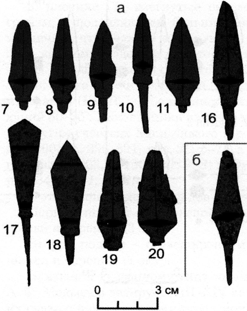 Прорисовка наконечников османских стрел 1-го типа из раскопок Фуны (а) и Алустона (б) (по В.Л. Мыцу)