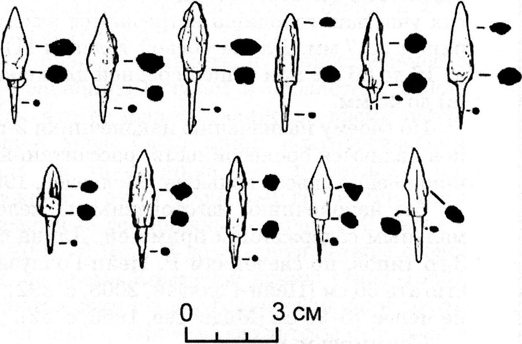 Прорисовка наконечников османских стрел 2-го типа из раскопок Чембало (по С.Б. Адаксиной, В.П. Кирилко, В.Л. Мыцу)