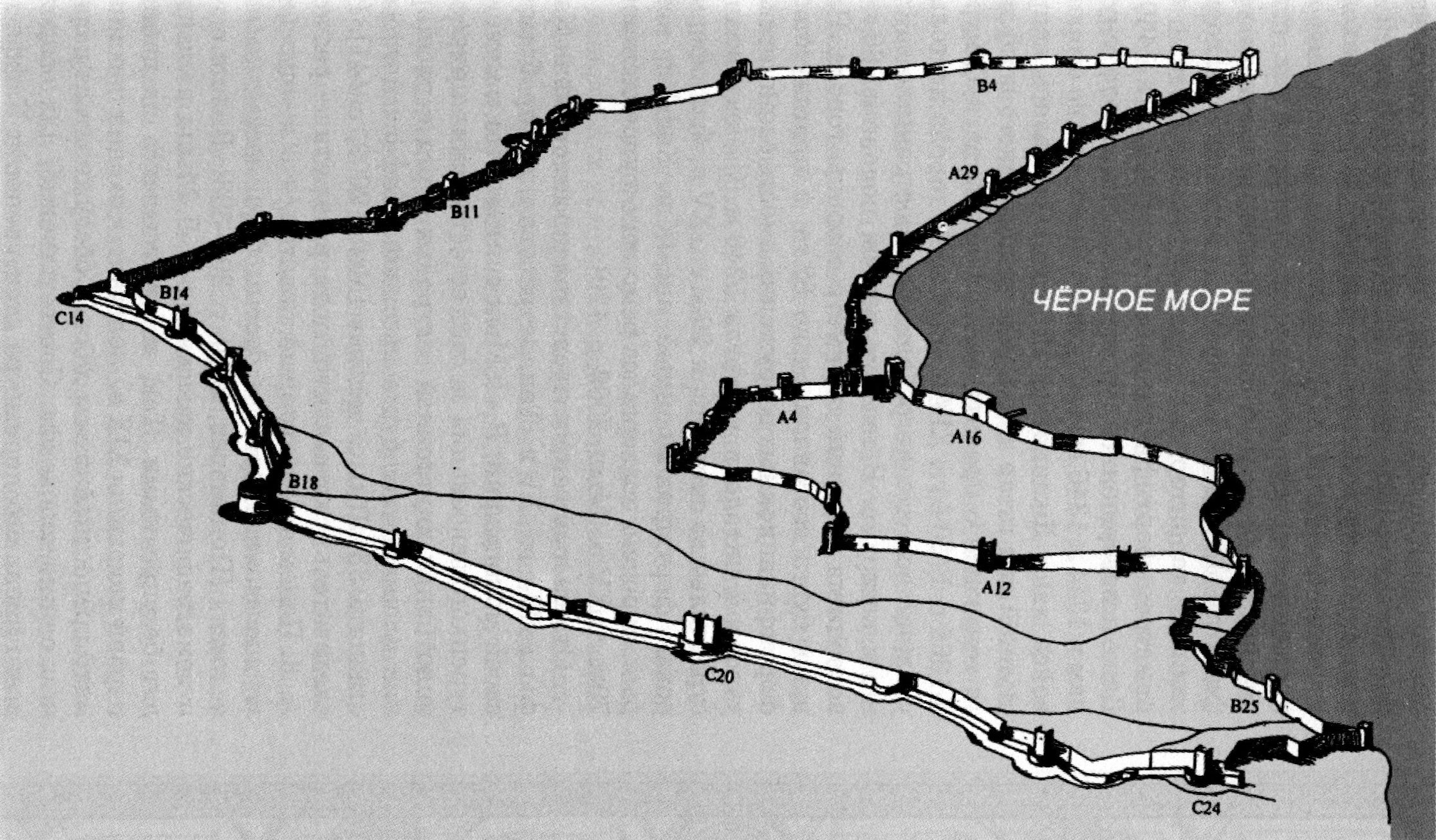 Оборонительные сооружения Каффы 40-х гг. XIV в. — 70-х гг. XV в. Реконструкция (по С.Г. Бочарову) Оборонительные сооружения Каффы 40-х гг. XIV в. — 70-х гг. XV в. Реконструкция (по С.Г. Бочарову)