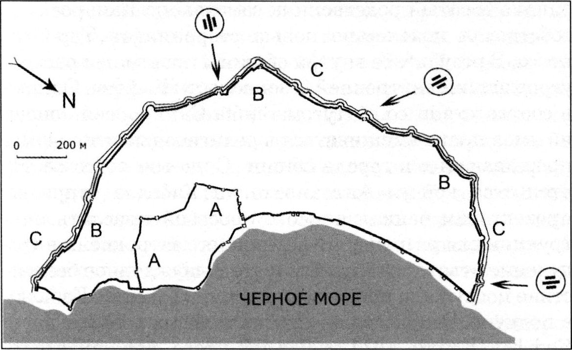 Основные направления артиллерийского обстрела Каффы 2—6 июня 1475 г. Основные направления артиллерийского обстрела Каффы 2—6 июня 1475 г.