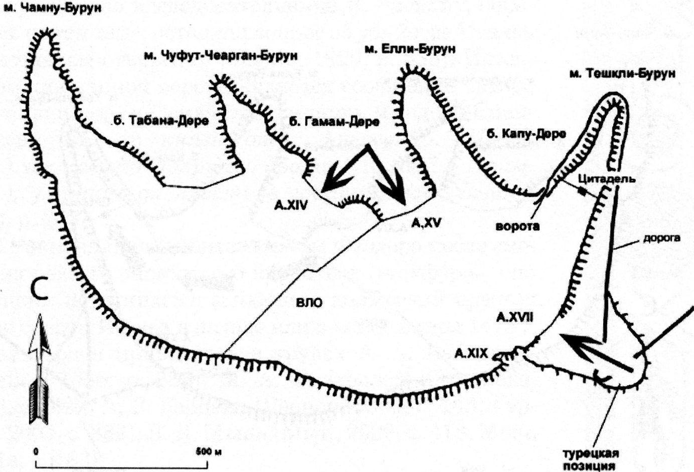 Второй этап захвата Мангупа в 1475 г. Основные направления артиллерийского обстрела