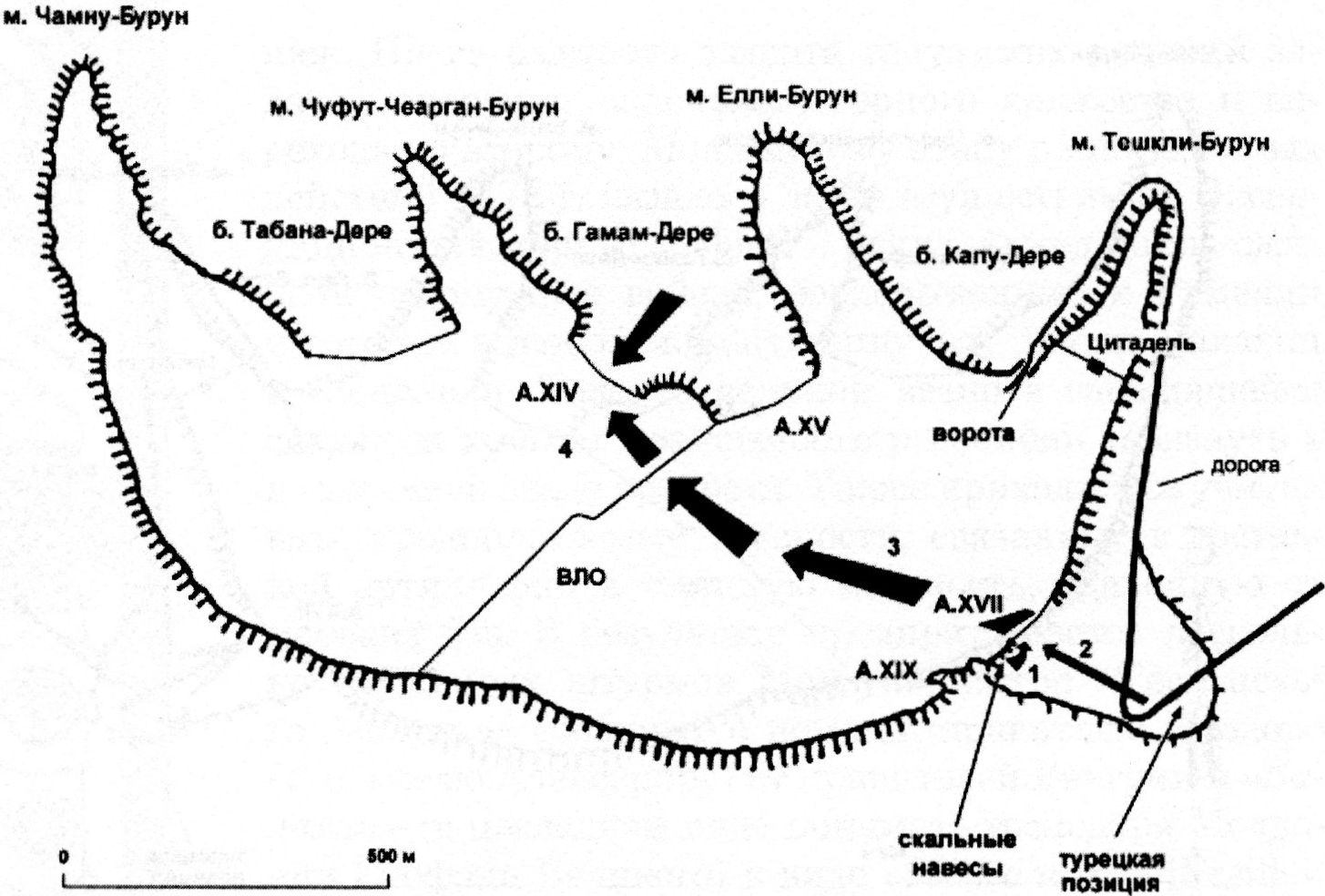 Третий этап захвата Мангупа в 1475 г. Военная уловка и прорыв на территорию города: 1 — действие засадного отряда турок; 2 — проникновение основных сил османов через калитку в A.XVII на территорию крепости