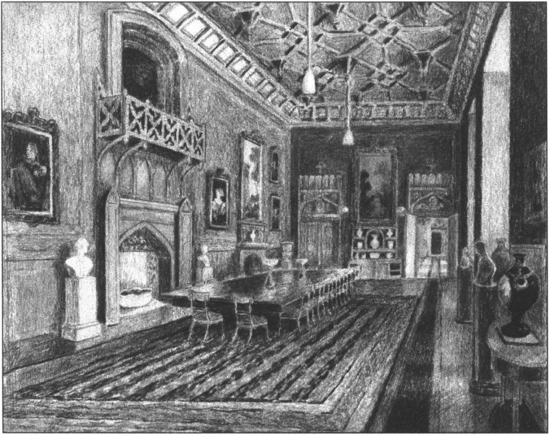 В.М. Новиков. Парадная столовая. 1945 г. Бумага, цветные карандаши. Из собрания АДПМЗ В.М. Новиков. Парадная столовая. 1945 г. Бумага, цветные карандаши. Из собрания АДПМЗ