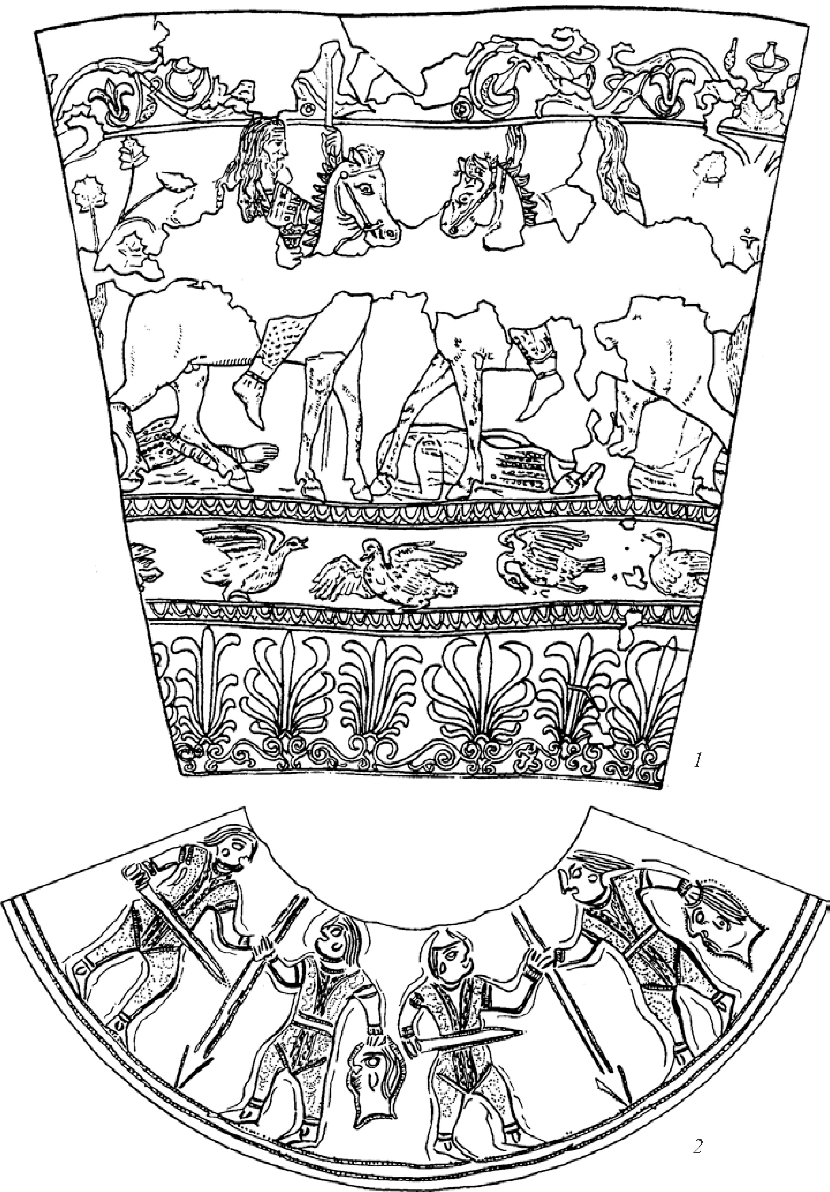 Рис. 25. Изображения меотских воинов. 1 — на серебряном ритоне из кургана Карагодеуашх; 2 — на золотом колпачке из кургана Курджипс Рис. 25. Изображения меотских воинов. 1 — на серебряном ритоне из кургана Карагодеуашх; 2 — на золотом колпачке из кургана Курджипс