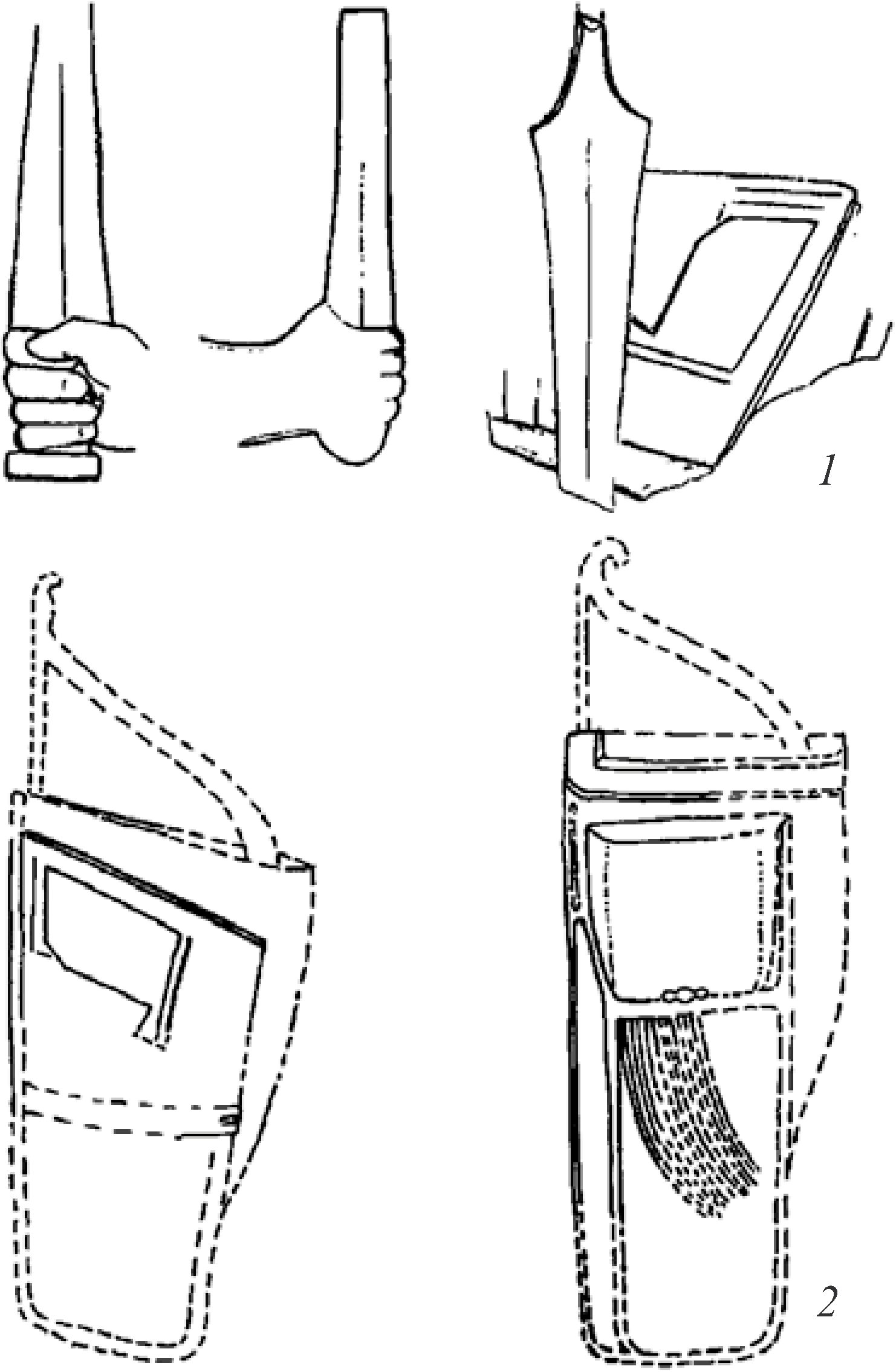 Рис. 27. Изображения оружия на таманском рельефе (по В.С. Ольховскому). 1 — мечи синдо-меотского типа; 2 — ториты с луками Рис. 27. Изображения оружия на таманском рельефе (по В.С. Ольховскому). 1 — мечи синдо-меотского типа; 2 — ториты с луками