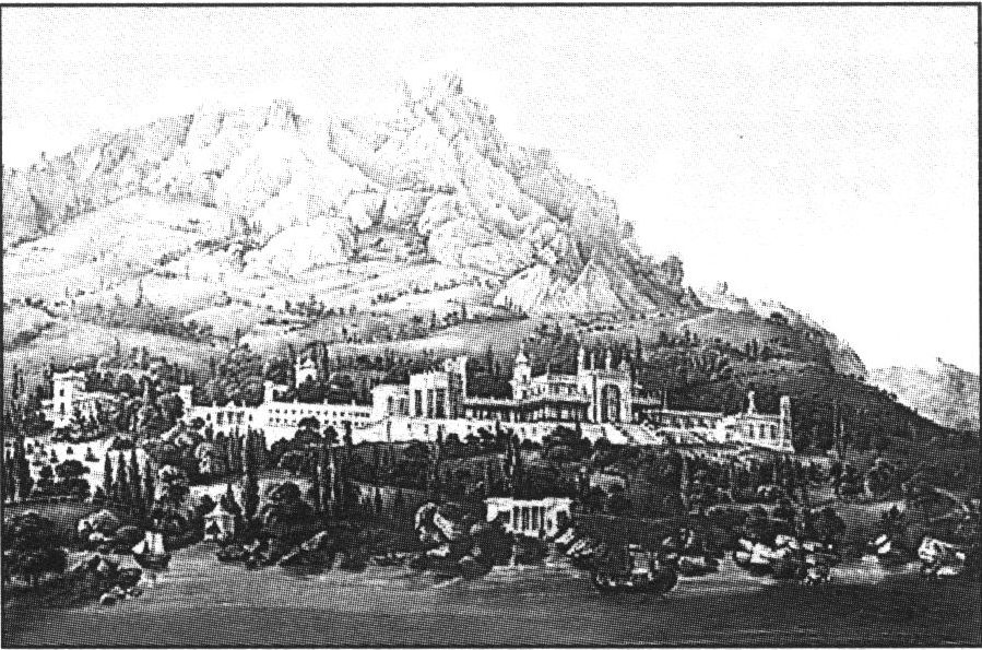 Вид на Ай-Петри и замок князя М.С. Воронцова с моря. Фридрих Гросс. 1856 г.