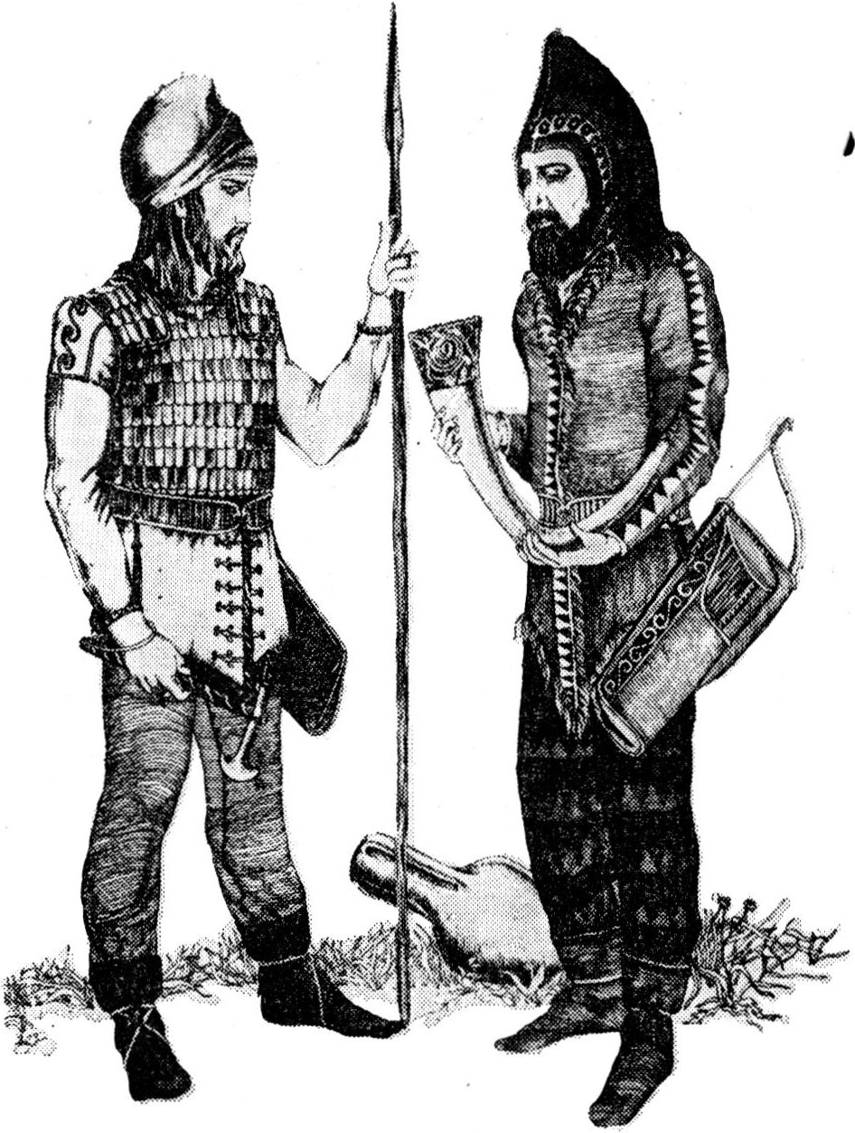 Скифские воины IV в. до н. э. (реконструкция по материалам Талаевского кургана)