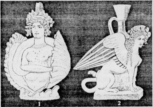 Расписные фигурные сосуды: 1 — Афродита в раковине; 2 — сфинкс. IV в. до н. э.). Расписные фигурные сосуды: 1 — Афродита в раковине; 2 — сфинкс. IV в. до н. э.).